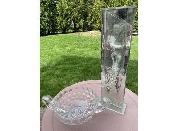 Glass Mirrored Pocket Vase And Double Handled Scalloped Bowl