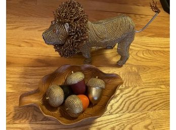 Beaded Lion And Bead Top Acorns In Ceramic Leaf Bowl