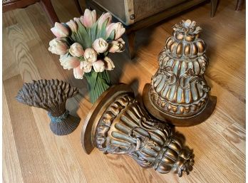 Porcealain Vase With Porcelian Tulips, Decorative Pair Wall Shelves, Cast Iron Door Stop