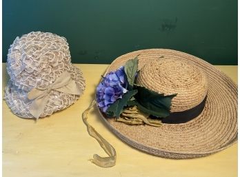 Vintage Cloche  And Wide Brimmed Straw Hat With Purple Hydrangea