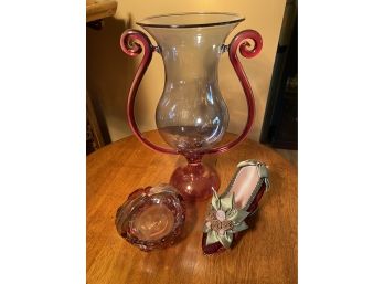 Beautiful Delicate Glass Urn, Small Footed Glass Bowl, Velvet Jewelry Shoe