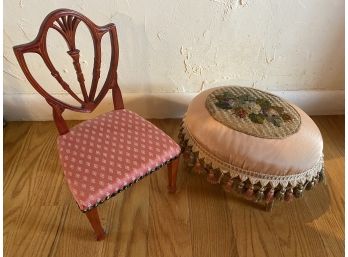 Needdlepoint Miniature Stool, & Doll Chair
