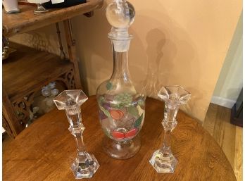 Handpainted Decanter And Pair Crystal Candlesticks