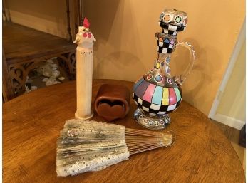 Handpainted Decanter, Wood Rooster, Wood Trinket Box, Honeycomb Fan