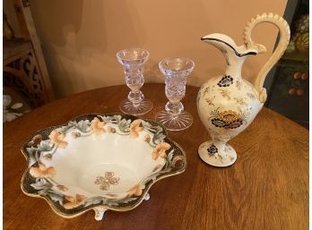 Camalpoli Pitcher, Footed Nippon Bowl, And Pair Of Crystel Candle Sticks