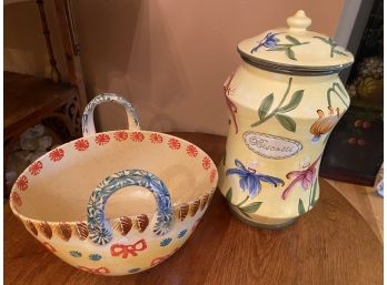 Handpainted Bowl Made In Italy, Lidded Biscotti Jar  Made For Nonnis
