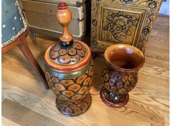 2 Pc. Wood Vase And Lidded Urn