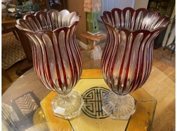 Pair Of Ruby And Clear Pedestal Glass Vases