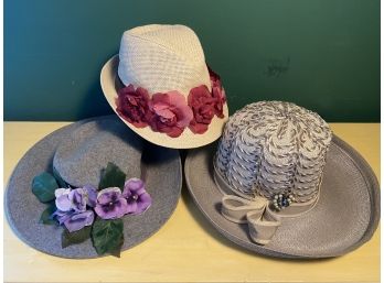 Straw High Top Gray & Beige Hat, Gray Wood Wide Brim Hat W Purple Flower , & Charlotte Russe Natural Straw Hat