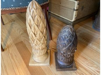 2 Wood Carved Pineapples