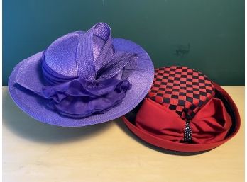 Purple Straw Wide Brim Hat By Sylvia & Black & Red Straw With Grograin Woven Ribbon