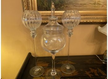 Pair Beautiful Glass Long Stemmed Bowls & Tall Lidded Glass Jar