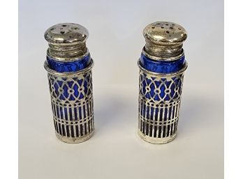 Silver Plate Salt And Pepper Shakers With Blue Glass