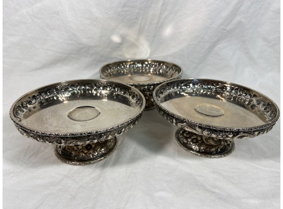 Antique Sterling Over One Pound: 24Oz 3 Dominic & Half Silver Repousse Footed Compotes Molded In High Relief