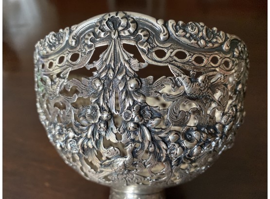 800 German Antique 8oz Silver With Metal Bowl Insert Perforated Birds Fancy 5x4.5