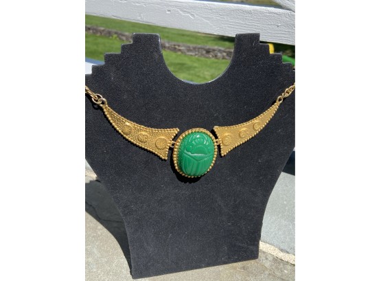 Vintage Kenneth Jay Lane Gold Tone Green Lucite Scarab Runway Statement Necklace