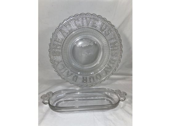'Give Us This Day Our Daily Bread' Glass Hobnail Dish 11in And Hobnail Relish Trinket Dish 11x3.5in