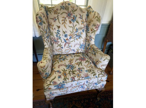 Vintage Reproduction Queen Anne Wing Chair W Traditional Wool Crewel Upholstery 32x25x20in Seat 45in Back