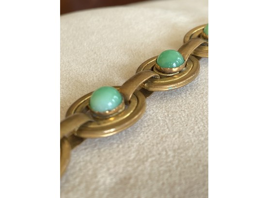 Vintage Brass Bracelet 7' With Jade? Green Semi Precious Stone France