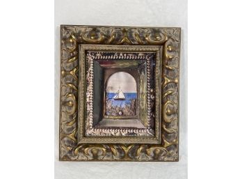 Photo Of Antique Reverse Glass Painting Of Ship In Shell Frame  8x9in Gilt Frame Glass