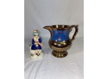 Vintage Lustreware Pitcher And Lady Figurine