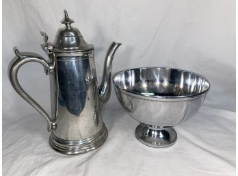 Pewter Coffee Pot 10in And Polished Aluminum Bowl5x6.5in