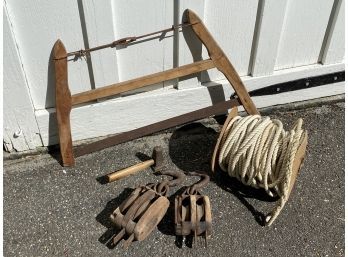 Assortment Barn Tools Spool Rope Cobbler Hammer Saw Blocks