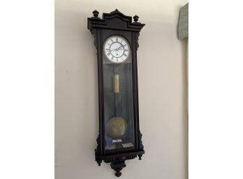 Late 1800s Mahogany Regulator Wall Clock Brass Disc Pendulum And Weights