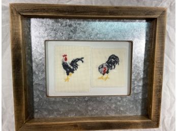 2 Rooster Cross Stitch 9x7.5in Framed Glass