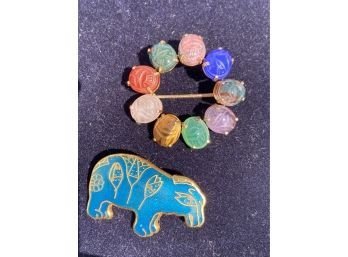 Scarab And Gold Pin Brooch And MET Mascot 'william The Hippo' Pin