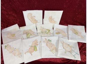 11 Vintage Hand Painted Pig Napkins Each Pig Has Their Own Personality One Of A Kind Muslin Napkins