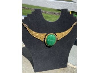 Vintage Kenneth Jay Lane Gold Tone Green Lucite Scarab Runway Statement Necklace