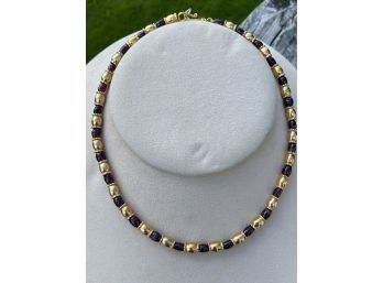 Vintage Museum Of Modern Art Stamped 1992 MMA WAG Necklace Gold Plated And Garnet Beads 17'