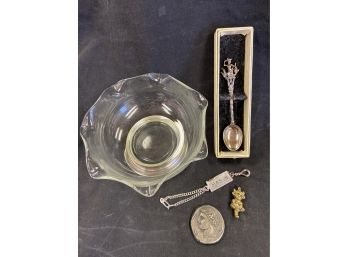Sterling 11.5G Watch Fob Keychain Marked Glass Bowl W Silver Base St Maarten Spoon Brass Charm Medallion