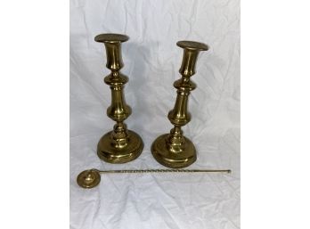 Pair Of Brass Candlesticks 10in Tall And Brass Candle Snuffer