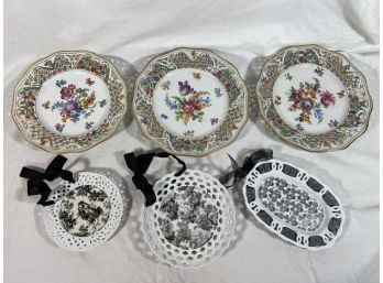 3 Schumann Dresdan Reticulated Floral Plates 7.5 And 8.5in And 3 Small Decorative Plates