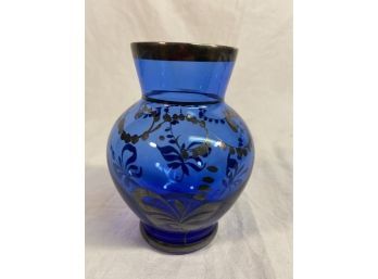 Vintage Argento? Cobalt Blue Vase 4in Hand Painted 925? Floral Overlay No Marking Really Cool Vase