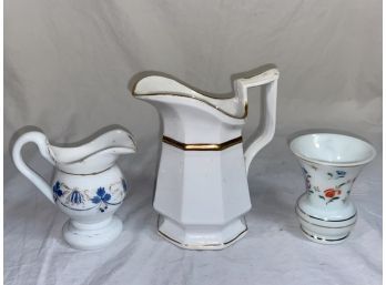 Ceramic Creamer And Two Hand Blown Milk Glass Pitcher And Vase