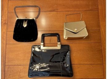 Three Vintage Handbags Including Black Patent Leather Tote & Crushed Velvet Evening Bag