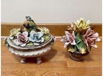 Capodimonte Floral Arrangement And Covered Vessel Made In Italy