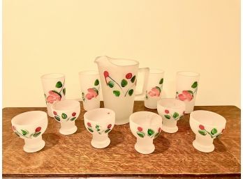 Mid Century Hand Painted Frosted Glasses & Pitcher