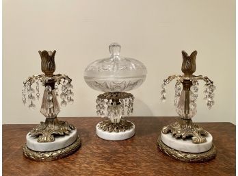 Vintage Hollywood Regency Style Crystal Covered Bowl & Candle Holders With Marble Bases