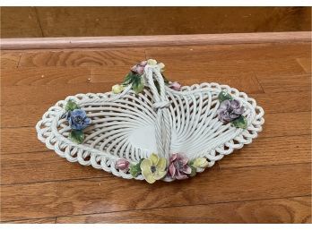 Intricately Woven Porcelain Basket With Floral Details, Made In Italy