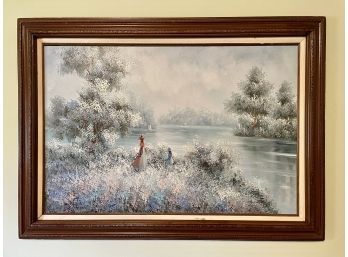 Large Signed Lakeside Oil Painting With Two Girls