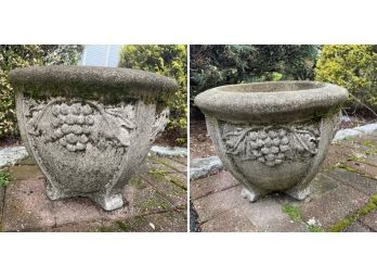 Pair Of Round Concrete Planters With Grape Leaf Design * Heavy