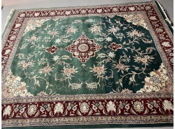 Hand Woven Kelly Green & Burgundy Wool Carpet - 7' 8' X 9' 9'