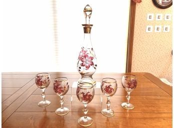 Hand Painted Burgundy & Gilt Floral Decorated Liquor Set