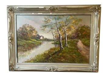 Vintage Oil On Canvas Landscape With Ornate Metallic Finish Frame - Creekside Country Road