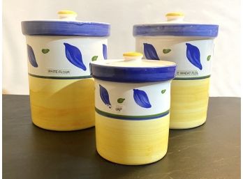 Set Of Williams-Sonoma Painted Ceramic Canisters - Blue / Yellow / White Leaf Pattern