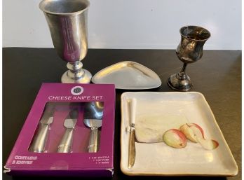 Decorative Cheese Plate & Knives / Pewter & Silver Plate Items